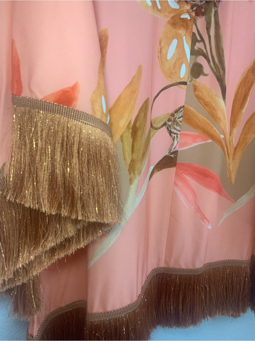 PatBO Bananier Short Coverup | Kaftan in Peach with Beaded Trim and Fringe - Picture 5 of 9